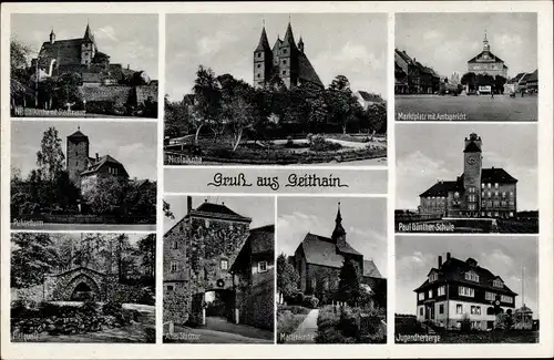 Ak Geithain in Sachsen, Nicolaikirche mit Stadtmauer, Pulverturm, Schule, Jugendherberge, Heilquelle