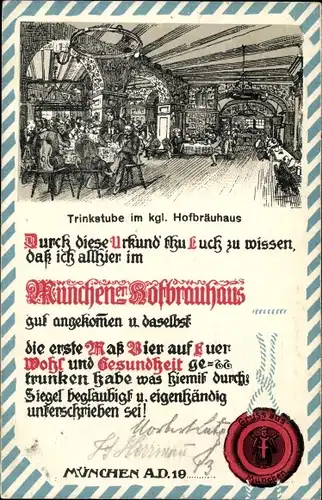 Ak München, Trinkstube im kgl. Hofbräuhaus, Urkunde des Biertrinkers