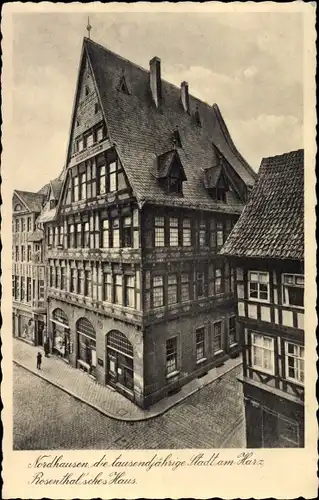 Ak Nordhausen in Thüringen, Rosenthal'sches Haus, geschnitzte Fassade, Fachwerkhaus