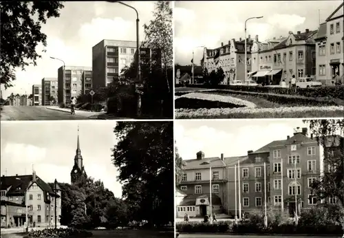 Ak Coswig in Sachsen, Wohnsiedlung, Kirchturm, Giebelhaus