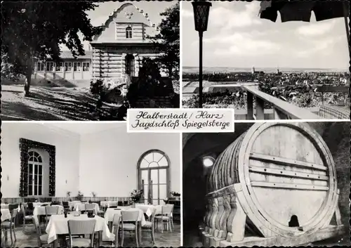 Ak Halberstadt am Harz, Jagdschloss Spiegelsberge mit großem Fass, Blick von der Terrasse