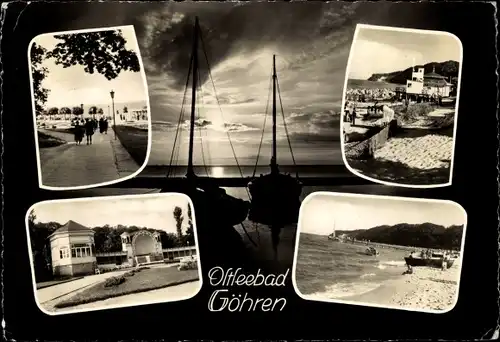 Ak Ostseebad Göhren auf Rügen, Promenade, Strand, Park, Segelboote in Dämmerung