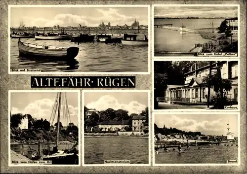 Ak Altefähr auf Rügen, Blick auf Stralsund, Hotel Putbus, Blick vom Hafen zum Ort, Nachtsanatorium