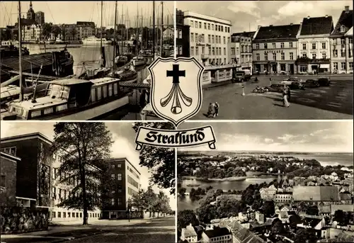 Ak Stralsund in Vorpommern, Hafen, Alter Markt, Krankenhaus am Sund, Panorama, Wappen