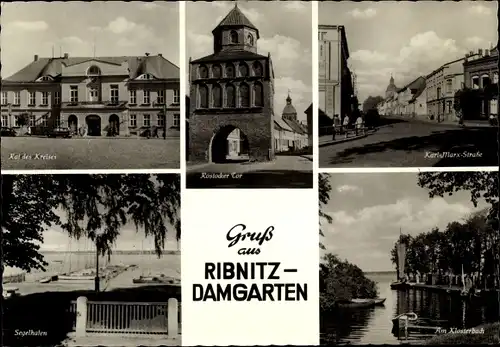 Ak Ribnitz Damgarten, Rostocker Tor, Rat des Kreises, Segelhafen, Karl Marx Straße, Klosterbach