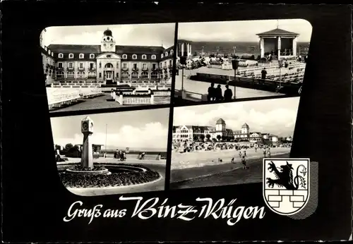 Ak Seebad Binz auf Rügen, Strand, Denkmal, Pavillon, Gebäude mit Turm, Wappen