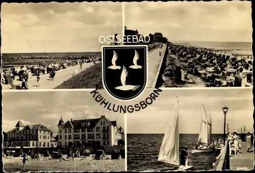 Ak Ostseebad Kühlungsborn, Strand mit Promenade, Badegäste, Strandkörbe, Segelboote, Wappen