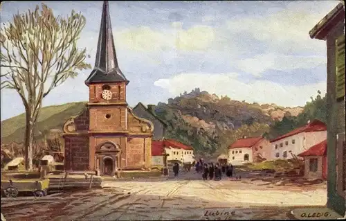 Künstler Ak Ledig, Otto, Lubine Loubingen Lothringen Vosges, Platz, Kirche