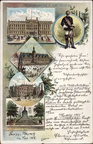 Litho Leipzig in Sachsen, Universität, Rathaus, Museum, Brückensprengungsdenkmal