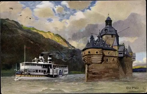 Künstler Ak Kaub am Rhein, Burg Pfalzgrafenstein, Pfalz, Rheindampfer
