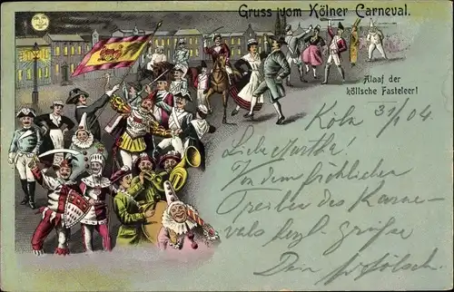 Mondschein Litho Köln am Rhein, Kölner Karneval, Prinz Karneval, Narren, Umzug