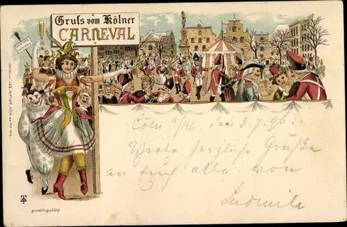 Litho Köln am Rhein, Karneval, Geck lohs Geck elans, Kölschstange, Kostümierte