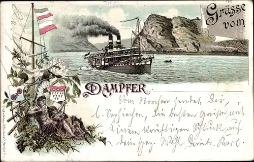 Litho Rheindampfer am Loreleyfelsen, Vater Rhein, Wappen