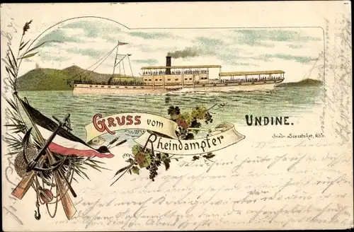 Litho Rheindampfer Undine, Weinreben, Fahne