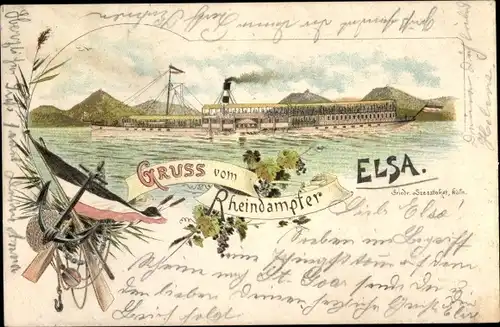 Litho Rheindampfer Elsa, Weinreben, Fahne