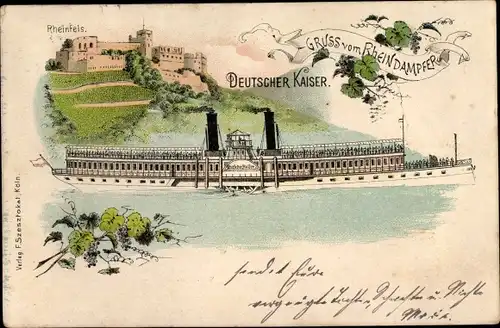 Litho St. Goar am Rhein, Burg Rheinfels, Rheindampfer Deutscher Kaiser