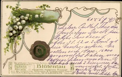 Ak Taschentuch Parfüms Blütentau, Waldheimer Parfümerie & Toiletteseifen Fabrik A.H.A. Bergmann