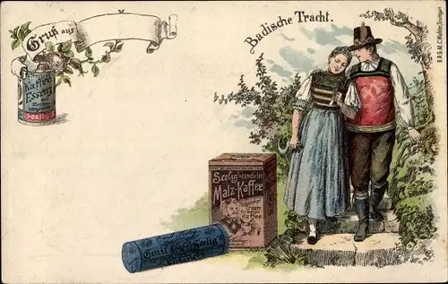 Litho Badische Tracht, Paar beim Spaziergang, Reklame Seelig's Kaffee Essenz, Malzkaffee