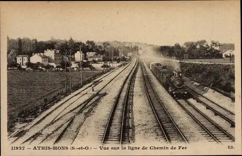 Ak Athis Mons Essonne, Vue sur la ligne de Chemin de Fer, Dampflok