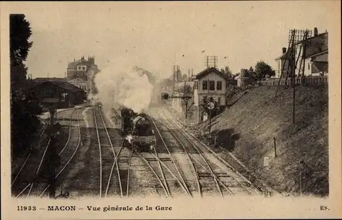 Ak Macon Saône et Loire, Vue générale de la Gare, Bahnhof, Gleisseite, Dampflokomotive