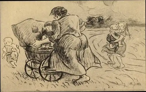 Künstler Ak Zille, Heinrich, ausfahrt, Mutter mit Kindern, Kinderwagen