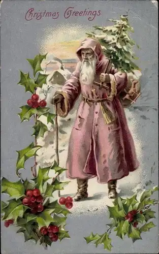 Präge Ak Frohe Weihnachten, Weihnachtsmann bringt die Geschenke, Christbaum, Stechpalmenzweig