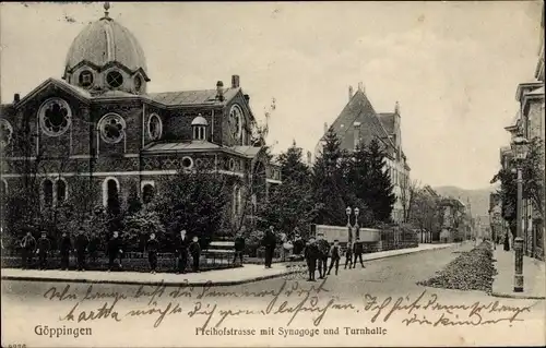 Ak Göppingen in Baden Württemberg, Freihofstraße mit Synagoge und Turnhalle