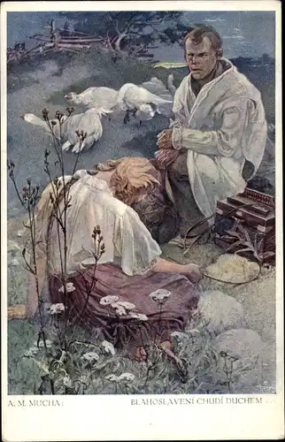 Künstler Ak Mucha, A. M., Blahoslaveni Chudi Duchem, Akkordeon, Gänse