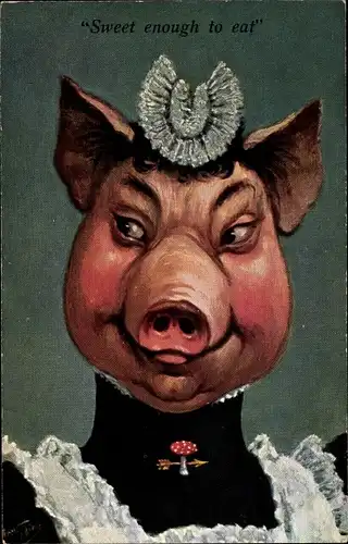 Künstler Ak Sweet enough to eat, vermenschlichtes Schwein als Dienstmädchen