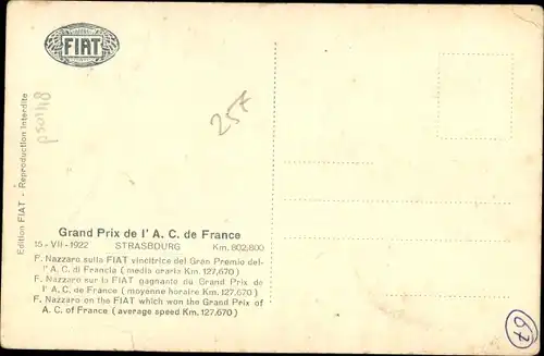 Ak Grand Prix de l'A.C. de France Strasbourg 1922, F. Nazzaro sur la Fiat