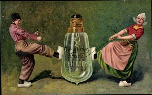 Ak Philips Glühlampe, Paar in Niederländischer Tracht, Reklame
