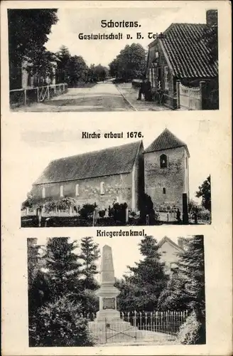Ak Schortens in Ostfriesland, Gastwirtschaft H. Teich, Kirche, Kriegerdenkmal