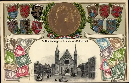 Präge Briefmarken Wappen Ak 's Gravenhage Den Haag Südholland, Binnenhof, Ridderzaal, Wilhelmina