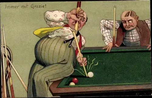 Präge Ak Billard, Humor, Queue gebrochen, Immer mit Grazie