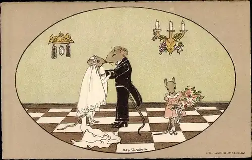 Künstler Ak Jordens, Bep, Vermenschlichte Mäuse, Hochzeit, De Ontmoeting