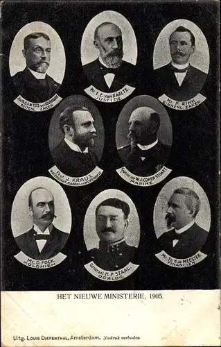 Ak Niederlande, Het Nieuwe Ministerie 1905, H. P. Staal, de Meester, D. Fock, J. Kraus