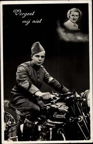 Ak Niederländischer Soldat auf Eysink Motorrad, Ik denk aan jou