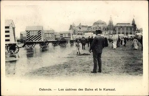 Ak Oostende Ostende Westflandern, Le Kursaal et la plage, Les cabines des Bains