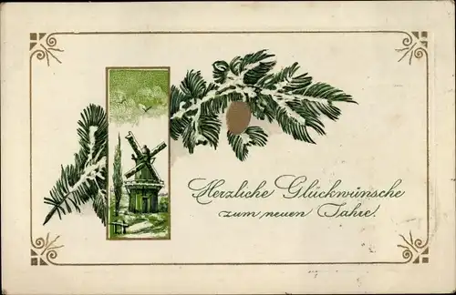 Präge Ak Glückwunsch Neujahr, Tannenzweig, Zapfen, Windmühle