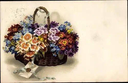 Ak Blumen im Korb, Brief, Schleife, Vergissmeinnicht