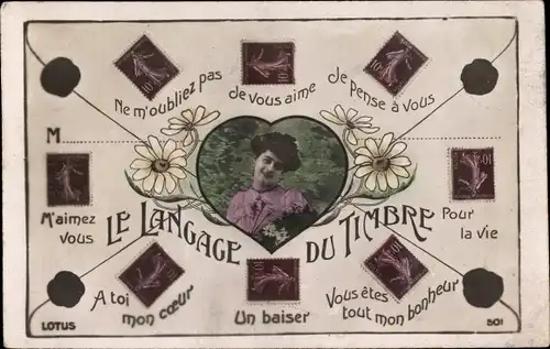 Ak Le Langage du Timbre, Briefmarkensprache, Frau-Portrait, Blumen