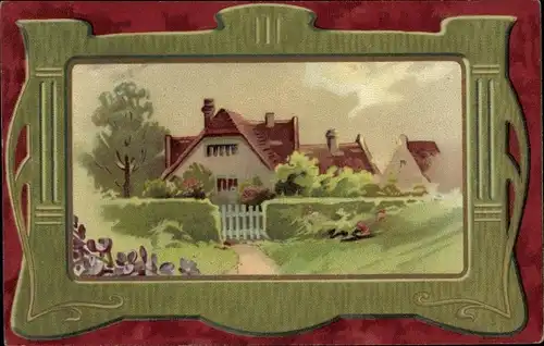 Passepartout Ak Dorfpartie, Wohnhäuser, Veilchen