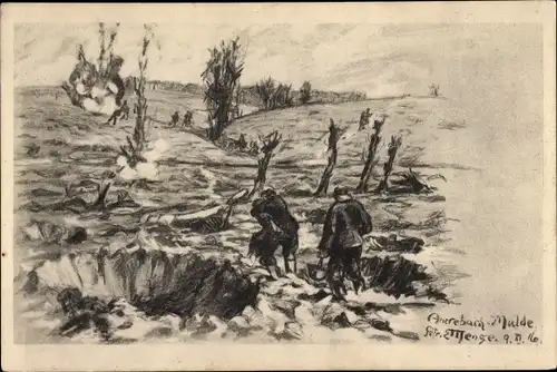 Künstler Ak Menge, E., An der Somme, Schlachtfeld, Verletzter Soldat