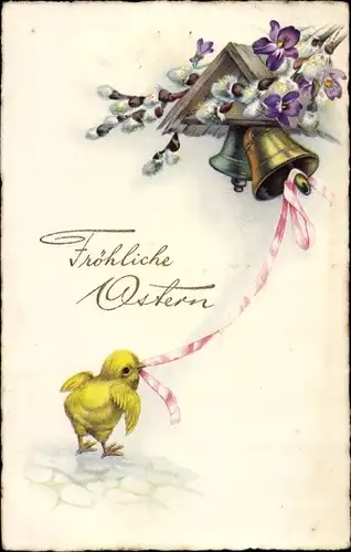 Ak Glückwunsch Ostern, Küken, Glocken, Weidenkätzchen, Blumen