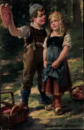 Künstler Ak Schmidt, H. W., Gefundene Herzen, Liebespaar, Kinder