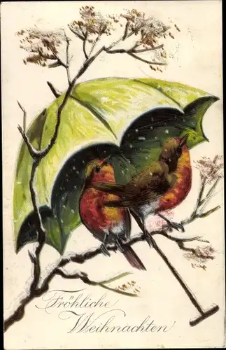 Ak Glückwunsch Weihnachten, Vögel unter einem Regenschirm