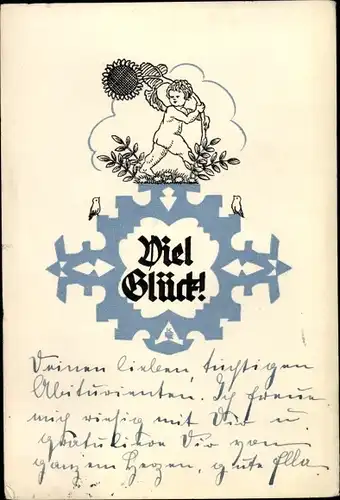 Ak Glückwunsch, Kind mit Sonnenblume, Vögel