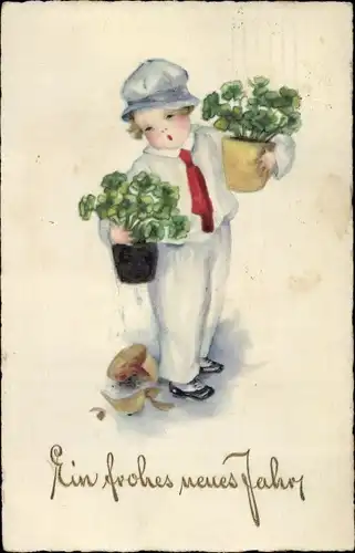 Ak Glückwunsch Neujahr, Kind mit Blumentöpfen, Blumen