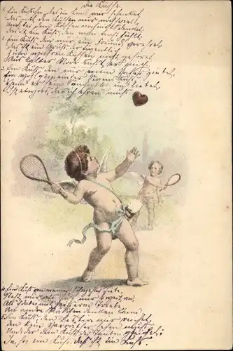 Litho Eros beim Tennisspielen, Herz, Tennisschläger