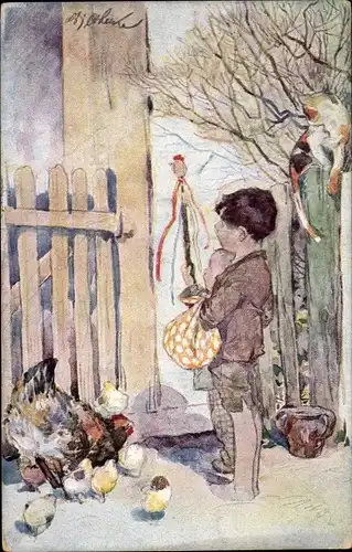 Künstler Ak Glückwunsch Ostern, Kind, Hühner, Küken, Bauernhof